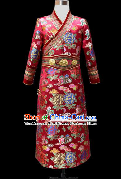 Chinese Traditional Mongol Ethnic Wedding Red Brocade Robe Mongolian Minority National Folk Dance Costume for Men