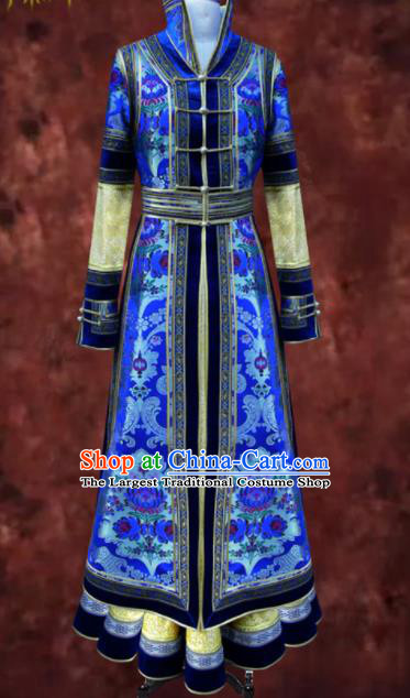 Traditional Chinese Mongol Ethnic National Royalblue Brocade Dress Mongolian Minority Folk Dance Costume for Women