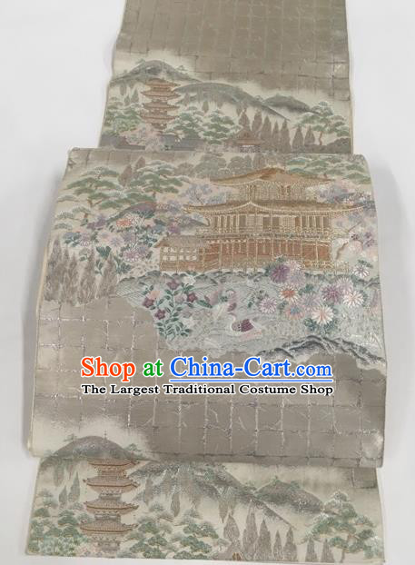 Japanese Traditional Kimono Classical Chrysanthemum Pattern Grey Brocade Belt Asian Japan National Yukata Waistband for Women