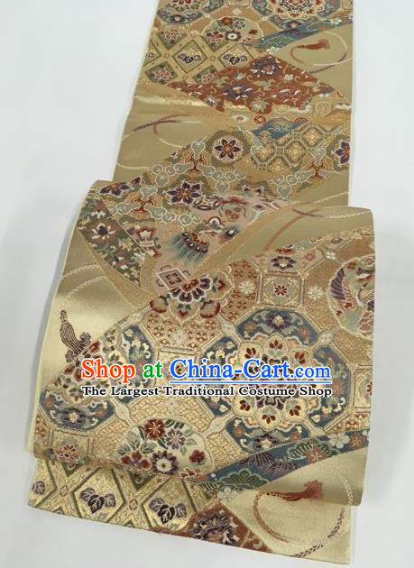 Japanese Traditional Kimono Classical Sakura Pattern Golden Brocade Belt Asian Japan National Yukata Waistband for Women