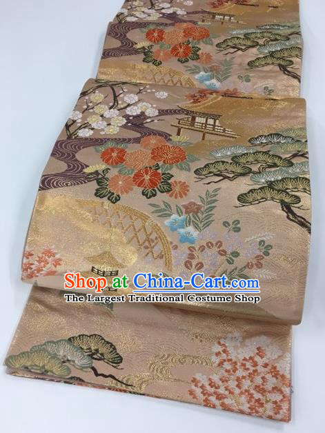 Japanese Kimono Classical Chrysanthemum Pattern Champagne Brocade Belt Asian Japan Traditional National Yukata Waistband for Women