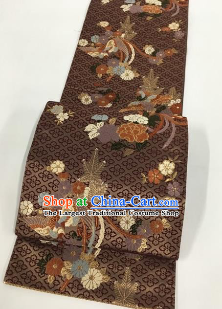 Japanese Kimono Classical Phoenix Peony Pattern Brown Brocade Belt Asian Japan Traditional National Yukata Waistband for Women