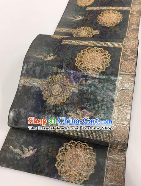 Japanese Kimono Classical Phoenix Pattern Deep Grey Brocade Belt Asian Japan Traditional National Yukata Waistband for Women