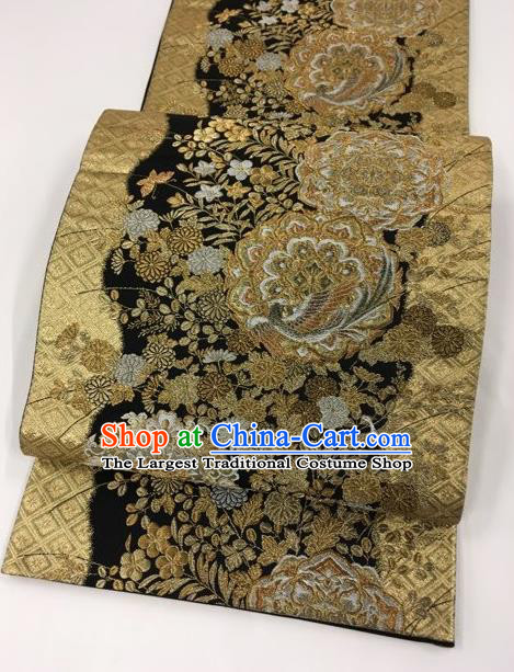 Japanese Kimono Classical Phoenix Peony Pattern Golden Brocade Belt Asian Japan Traditional National Yukata Waistband for Women