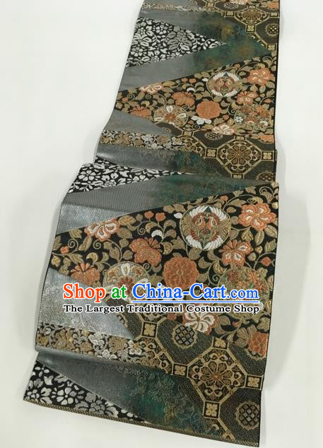 Japanese Kimono Classical Phoenix Peony Pattern Deep Grey Brocade Belt Asian Japan Traditional National Yukata Waistband for Women