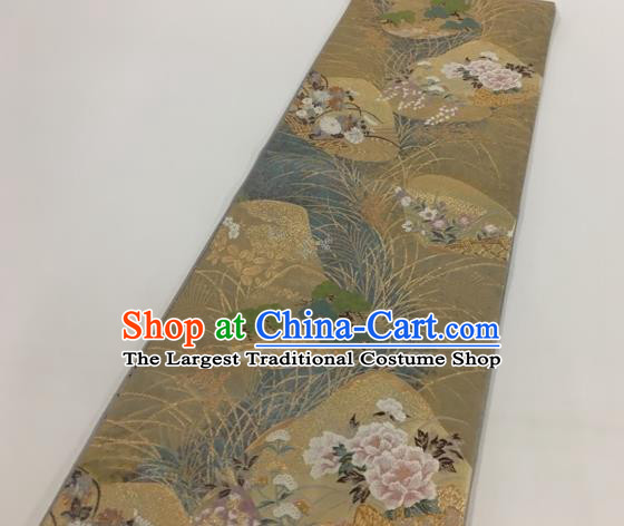 Japanese Kimono Classical Peony Pattern Khaki Brocade Belt Asian Japan Traditional National Yukata Waistband for Women