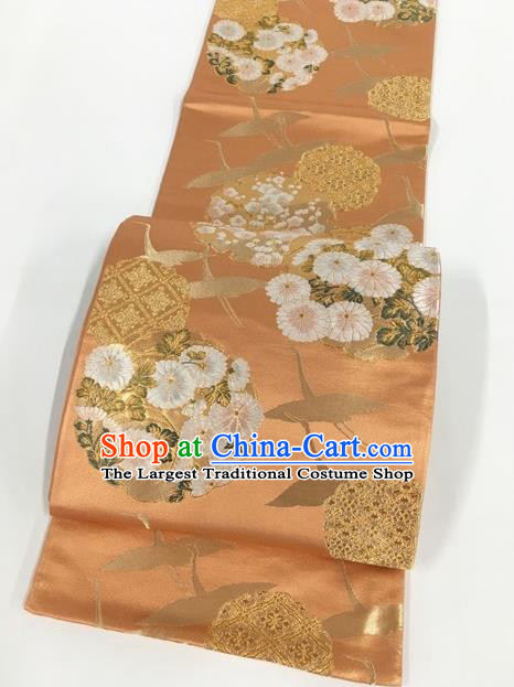 Japanese Kimono Classical Daisy Cranes Pattern Orange Brocade Belt Asian Japan Traditional National Yukata Waistband for Women