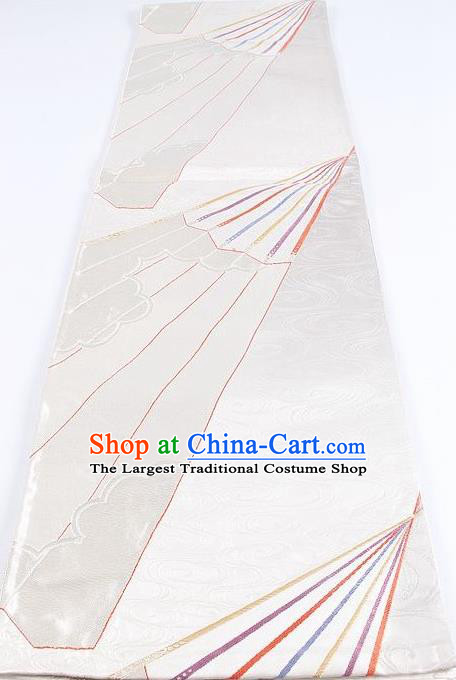 Japanese Traditional Kimono Classical Fan Pattern White Brocade Belt Asian Japan National Yukata Waistband for Women