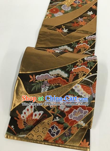 Japanese Kimono Classical Butterfly Peony Pattern Brown Brocade Belt Asian Japan Traditional National Yukata Waistband for Women
