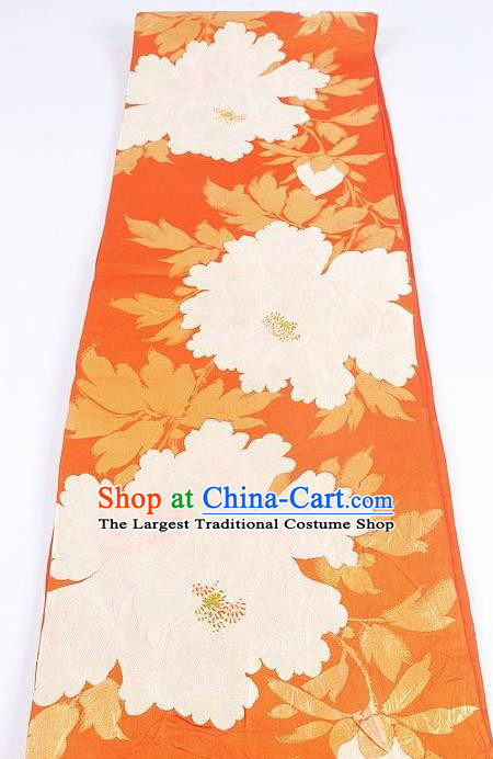 Japanese Traditional Kimono Classical Peony Pattern Orange Brocade Belt Asian Japan National Yukata Waistband for Women