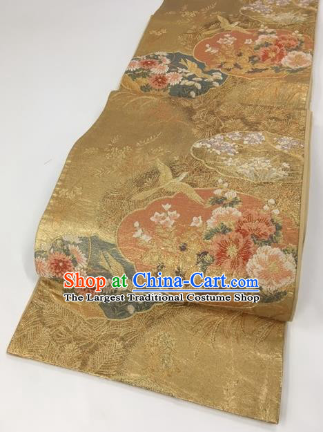 Japanese Kimono Classical Peony Birds Pattern Golden Brocade Belt Asian Japan Traditional National Yukata Waistband for Women