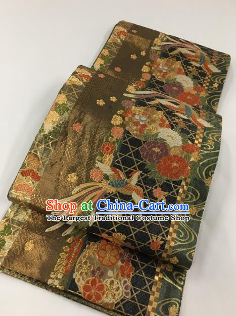 Japanese Kimono Classical Phoenix Peony Pattern Design Brown Brocade Belt Asian Japan Traditional National Yukata Waistband for Women