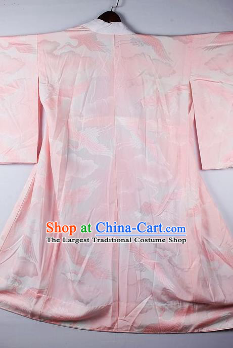 Japanese Traditional Ceremony Costume Printing Cranes Pink Furisode Kimono Asian Japan National Yukata Dress for Women