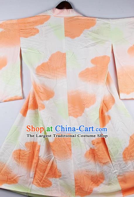 Japanese Traditional Ceremony Costume Orange Printing Furisode Kimono Asian Japan National Yukata Dress for Women