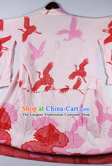 Japanese Traditional Ceremony Costume Printing Crane Pink Furisode Kimono Asian Japan National Yukata Dress for Women