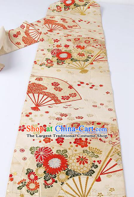 Japanese Ceremony Kimono Classical Chrysanthemum Fan Pattern Design Beige Brocade Belt Asian Japan Traditional Yukata Waistband for Women