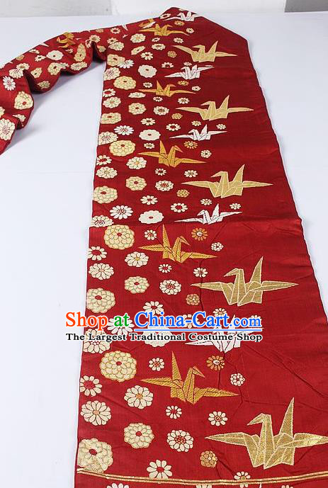 Japanese Ceremony Kimono Classical Paper Crane Pattern Design Purplish Red Brocade Belt Asian Japan Traditional Yukata Waistband for Women