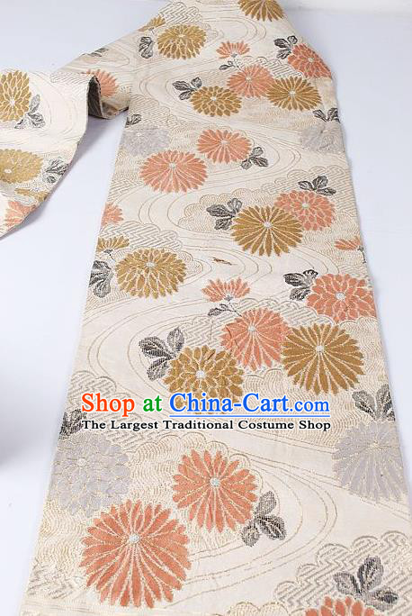 Japanese Kimono Classical Chrysanthemum Pattern Design Beige Brocade Belt Asian Japan Traditional National Yukata Waistband for Women