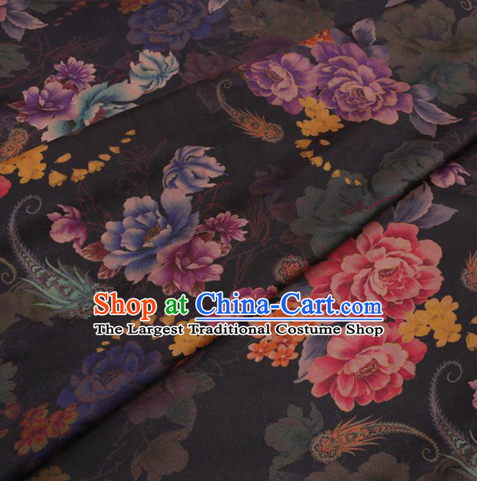 Traditional Chinese Black Gambiered Guangdong Gauze Classical Peony Pattern Design Silk Fabric