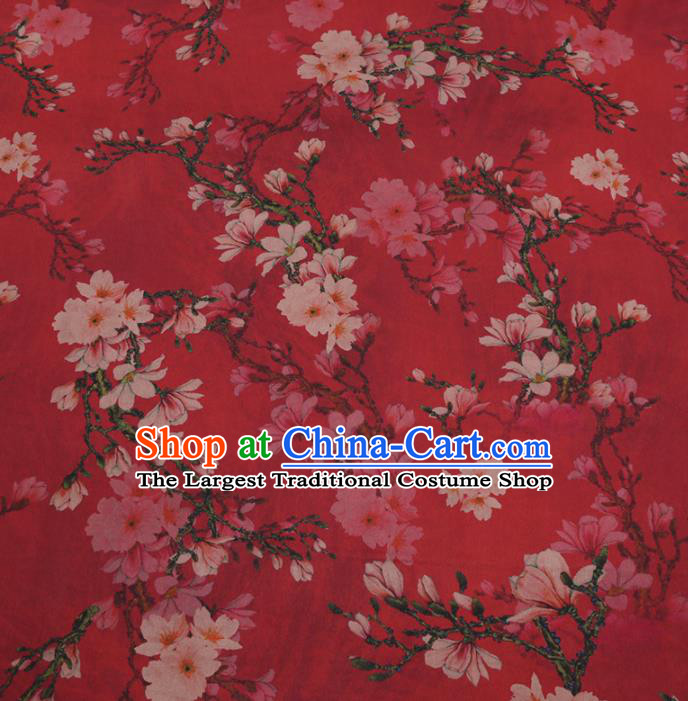 Traditional Chinese Red Gambiered Guangdong Gauze Classical Pear Flowers Pattern Design Silk Fabric