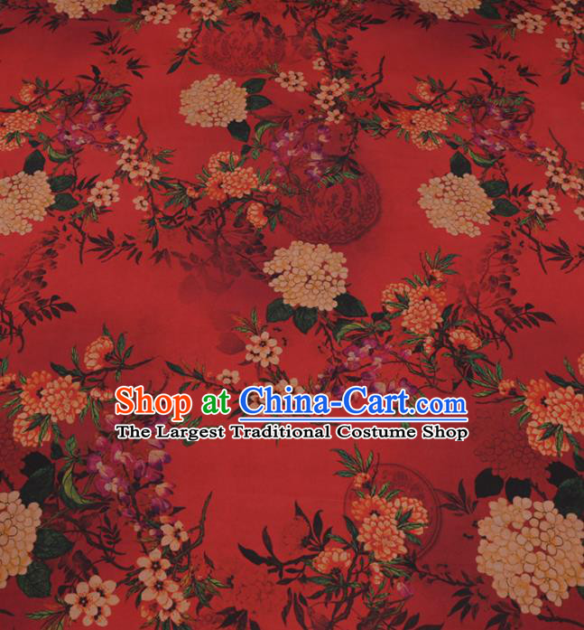 Traditional Chinese Classical Hydrangea Pattern Design Red Gambiered Guangdong Gauze Asian Brocade Silk Fabric