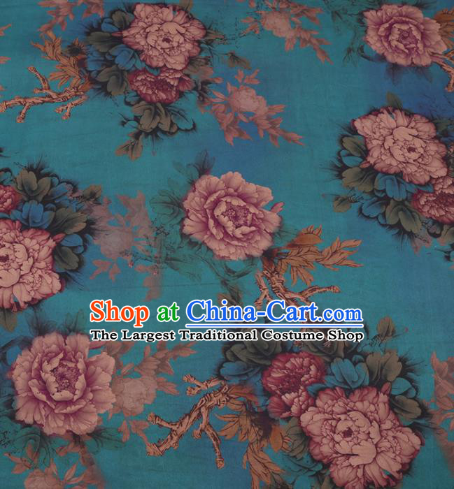 Traditional Chinese Classical Peony Pattern Design Blue Gambiered Guangdong Gauze Asian Brocade Silk Fabric