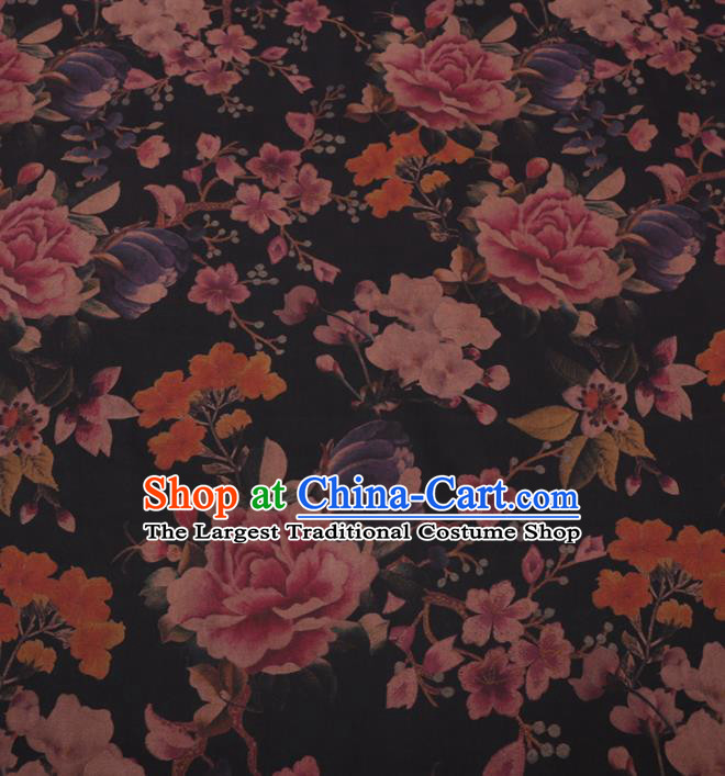 Traditional Chinese Classical Peony Pattern Design Black Gambiered Guangdong Gauze Asian Brocade Silk Fabric