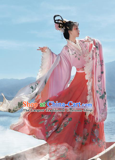 Ancient Chinese Legend Goddess Peony Pink Hanfu Dress Traditional Jin Dynasty Imperial Consort Embroidered Replica Costume for Women