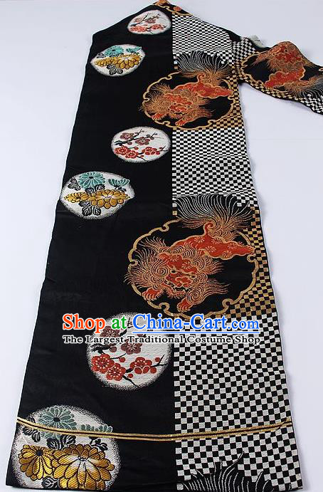 Japanese Kimono Accessories Classical Lion Plum Pattern Black Belt Asian Japan Traditional Ceremony Yukata Waistband for Women