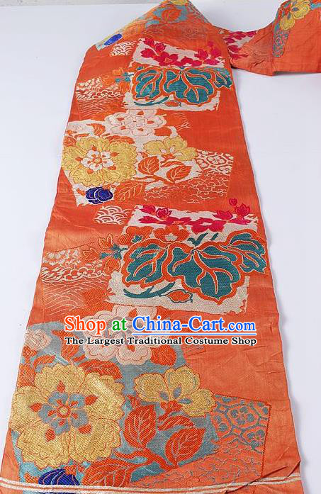 Japanese Kimono Accessories Classical Flowers Pattern Orange Belt Asian Japan Traditional Ceremony Yukata Waistband for Women