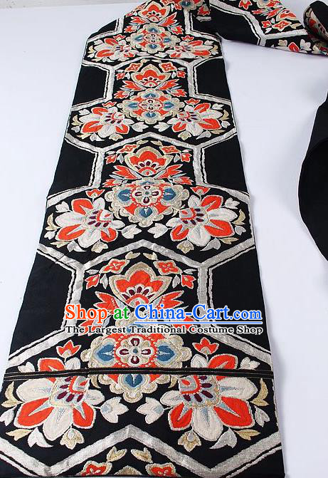 Japanese Ceremony Kimono Classical Flowers Pattern Black Belt Asian Japan Traditional Yukata Waistband for Women