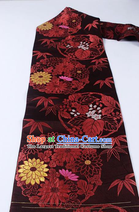 Japanese Kimono Accessories Classical Chrysanthemum Pattern Deep Brown Brocade Belt Asian Japan Traditional Ceremony Yukata Waistband for Women