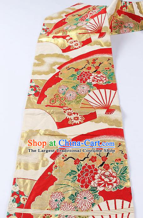 Japanese Kimono Accessories Classical Chrysanthemum Fan Pattern Golden Brocade Belt Asian Japan Traditional Ceremony Yukata Waistband for Women