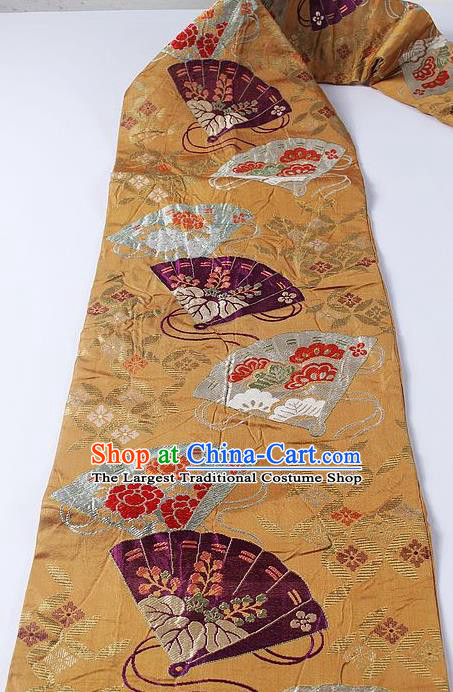 Japanese Traditional Yukata Accessories Classical Peony Fan Pattern Golden Brocade Belt Asian Japan Kimono Waistband for Women