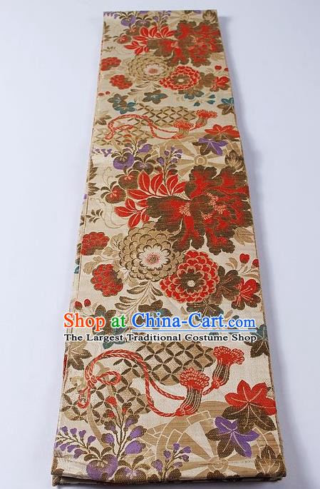 Japanese Traditional Yukata Accessories Classical Chrysanthemum Peony Pattern Beige Brocade Belt Asian Japan Kimono Waistband for Women