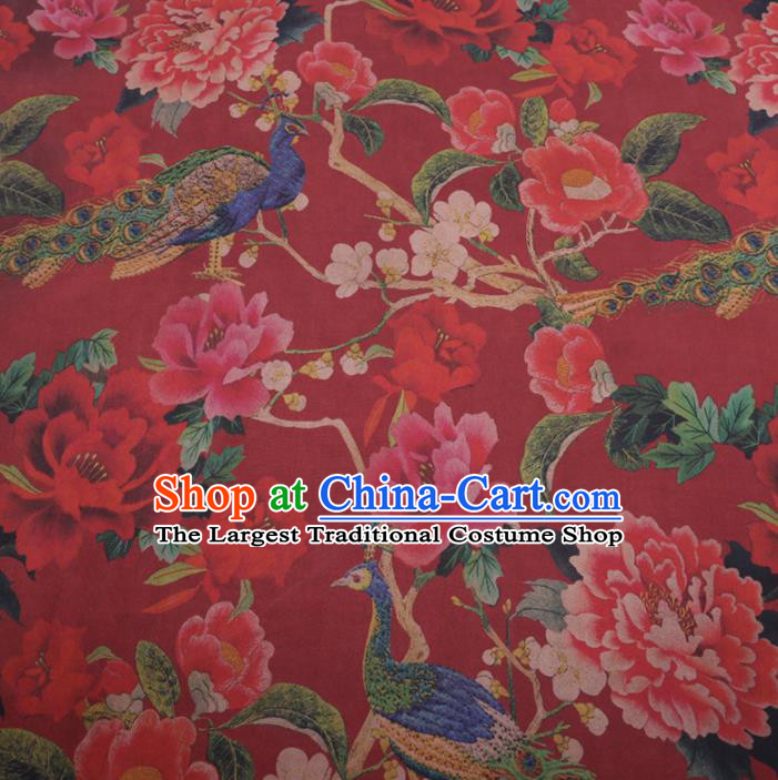 Traditional Chinese Classical Peacock Peony Pattern Design Red Gambiered Guangdong Gauze Asian Brocade Silk Fabric