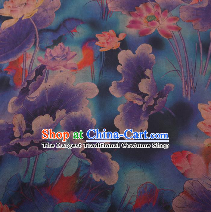 Traditional Chinese Classical Lotus Pattern Design Blue Gambiered Guangdong Gauze Asian Brocade Silk Fabric