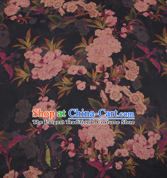 Traditional Chinese Classical Peach Blossom Pattern Design Black Gambiered Guangdong Gauze Asian Brocade Silk Fabric