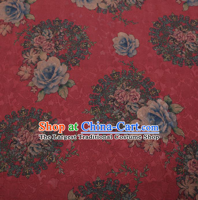 Traditional Chinese Classical Roses Pattern Design Red Gambiered Guangdong Gauze Asian Brocade Silk Fabric