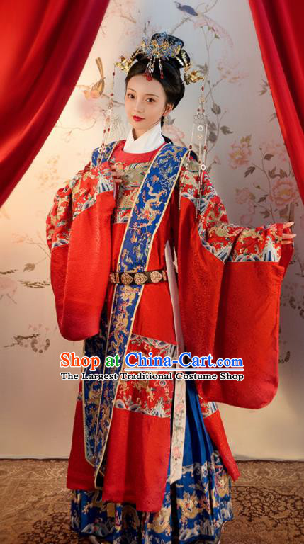 Chinese Ancient Ming Dynasty Red Hanfu Dress Traditional Wedding Queen Embroidered Replica Costume for Women