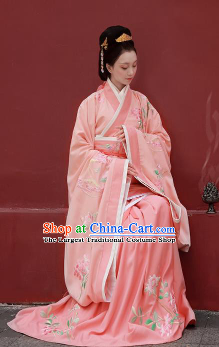 Chinese Ancient Han Dynasty Imperial Consort Pink Hanfu Dress Traditional Court Lady Embroidered Replica Costume for Women