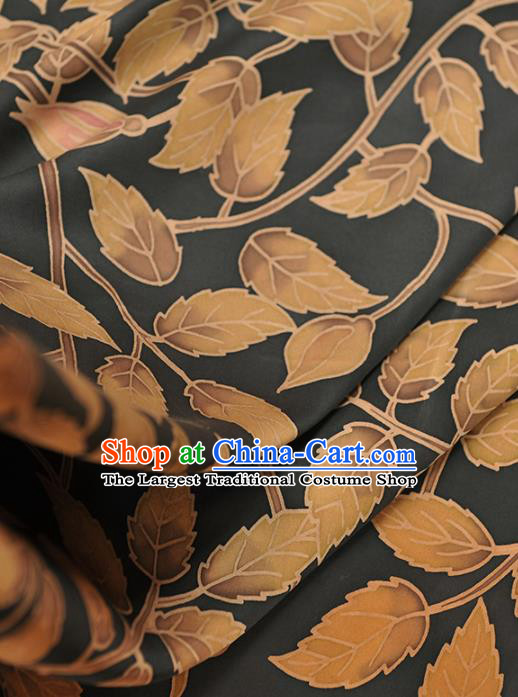 Chinese Traditional Classical Leaf Pattern Design Black Gambiered Guangdong Gauze Asian Brocade Silk Fabric