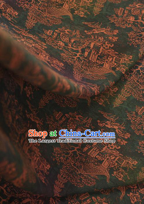 Chinese Traditional Tower Pattern Design Green Gambiered Guangdong Gauze Asian Brocade Silk Fabric