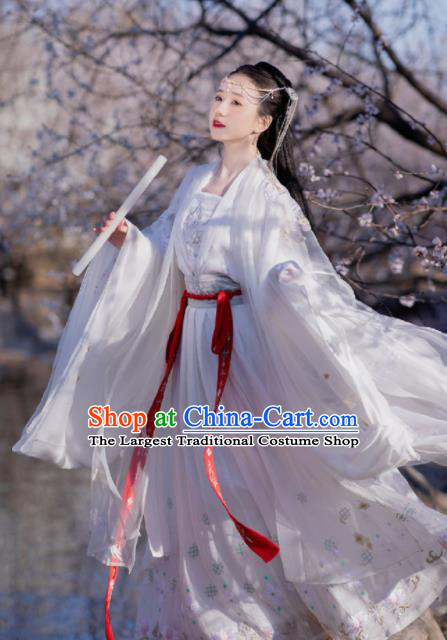 Chinese Ancient Tang Dynasty Princess White Hanfu Dress Traditional Court Lady Embroidered Replica Costume for Women