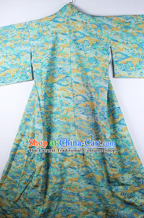 Asian Japanese Ceremony Clothing Classical Landscape Pattern Blue Kimono Traditional Japan National Yukata Costume for Men