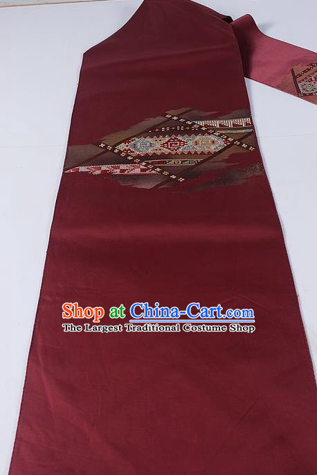 Asian Japanese Accessories Yukata Classical Pattern Wine Red Brocade Belt Japan Traditional Kimono Waistband for Women