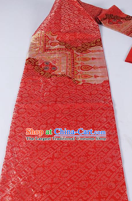 Asian Japanese Classical Sakura Pattern Red Brocade Waistband Kimono Accessories Traditional Yukata Belt for Women