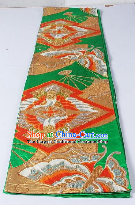 Asian Japanese Yukata Accessories Classical Butterfly Pattern Green Brocade Belt Japan Traditional Kimono Waistband for Women