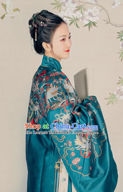 Chinese Ancient Ming Dynasty Palace Queen Blue Hanfu Dress Traditional Empress Dowager Embroidered Replica Costume for Women