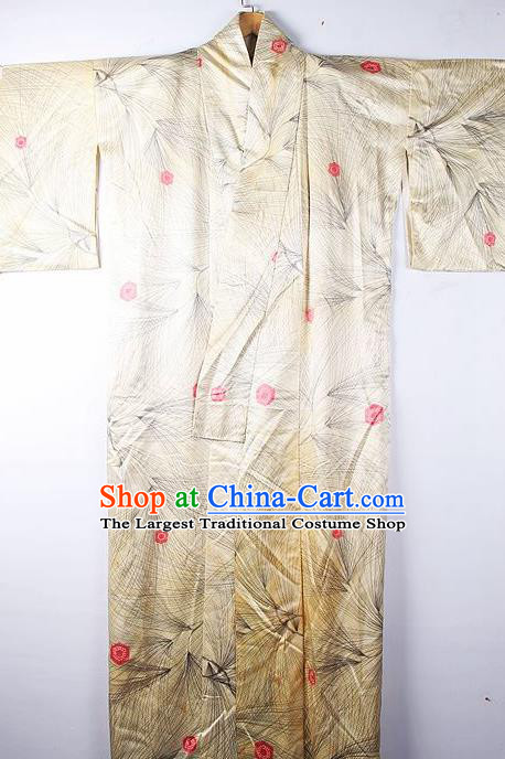 Asian Japanese Ceremony Clothing Classical Pattern Beige Kimono Traditional Japan National Yukata Costume for Men